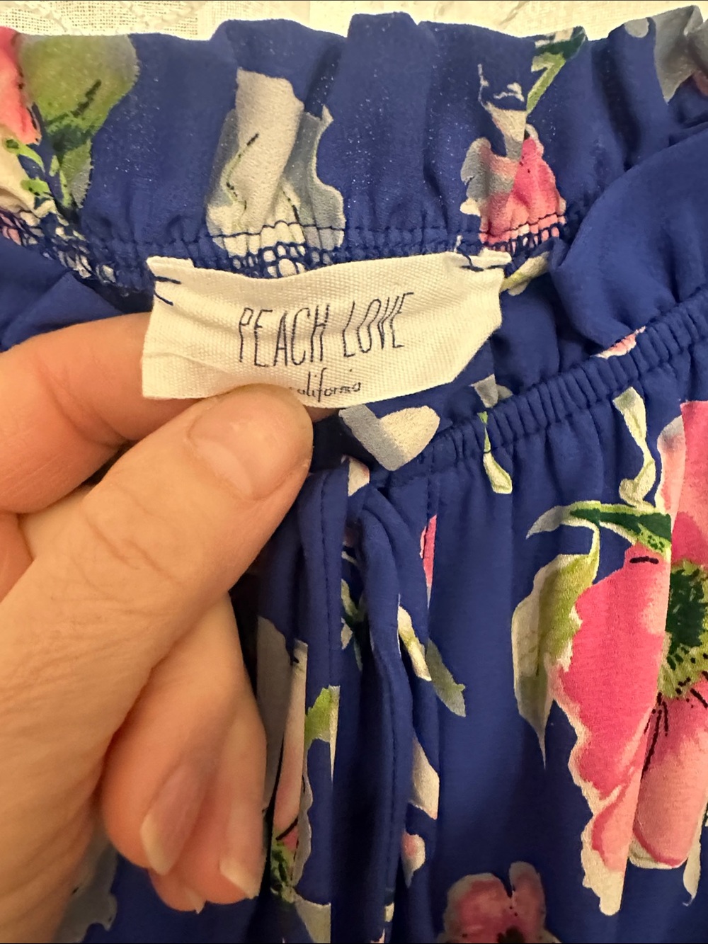 Peach Love California Blue Off-Shoulder Floral Romper with Pink Blooms - Picture 2 of 12
